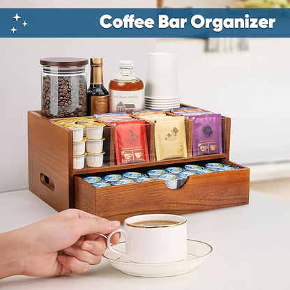 Coffee Bar Station Organizer for Countertop, Coffee and Tea Drawer Organizer, Koffee Cup Organizer Station Pod Holder with 2 Drawers