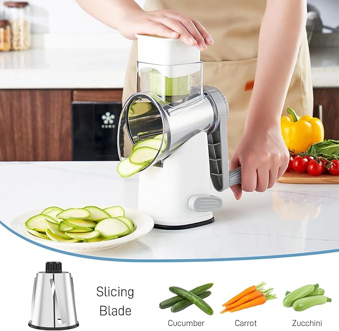 VEKAYA Rotary Cheese Grater Hand Crank with 4 Interchangeable Stainless Steel Blades, Large Manual Handle Shredder and Waffle Slicer for Vegetables, Cheese and Nuts with Table Suction Base(White Grey)