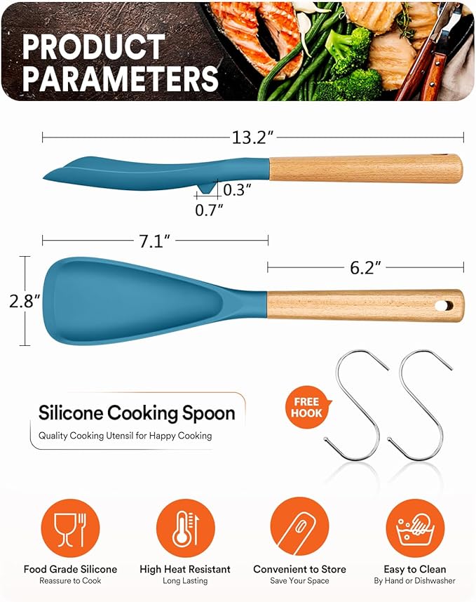Cooking Spoon for Nonstick Cookwares, Great for Cooking and Serving Sturdy BPA-Free Matte Silicone, Wood Handle Spoon for Mixing, Scoop, and Scrape (Khaki & Turquoise, 13.4 inch) - Image 2