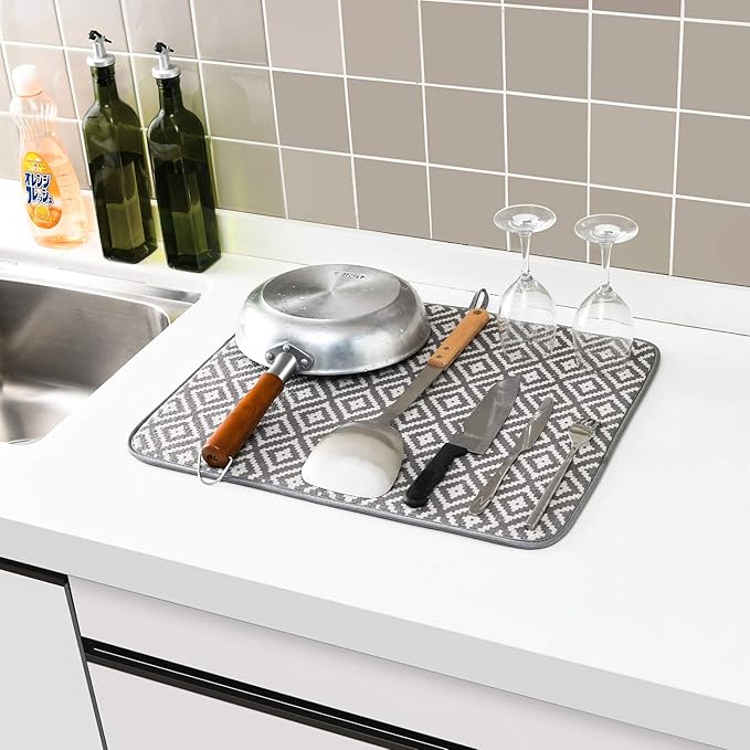 SUBEKYU Microfiber Dish Drying Mat for Kitchen Counter, Absorbent Dishes Drainer/Rack Pad for Countertop, 19.2 by 15.8 Inches (Rhombus), Grey, 1 Pack - Image 5