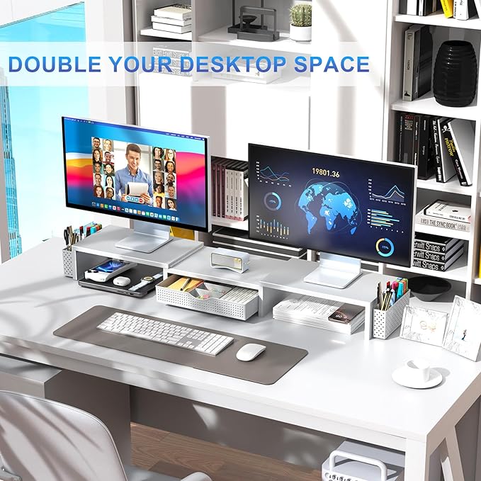 gianotter Dual Monitor Stand Riser, Desk Organizer With Drawer and 2 Pen Holders, Monitor Stand for Desk, Office Decor Essentials (White) - Image 6
