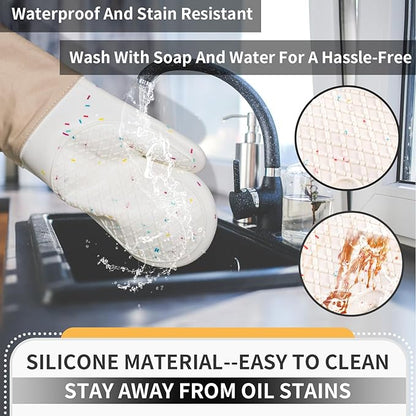 Oven Glove Cute,Cooking Mittens,Oven Mittens for Kitchen,Oven Gloves for Kitchen,Washable Silicone Oven Mitts Heat Resistant 500°F, Potholders for Kitchens Cooking Baking(Cream - Image 3