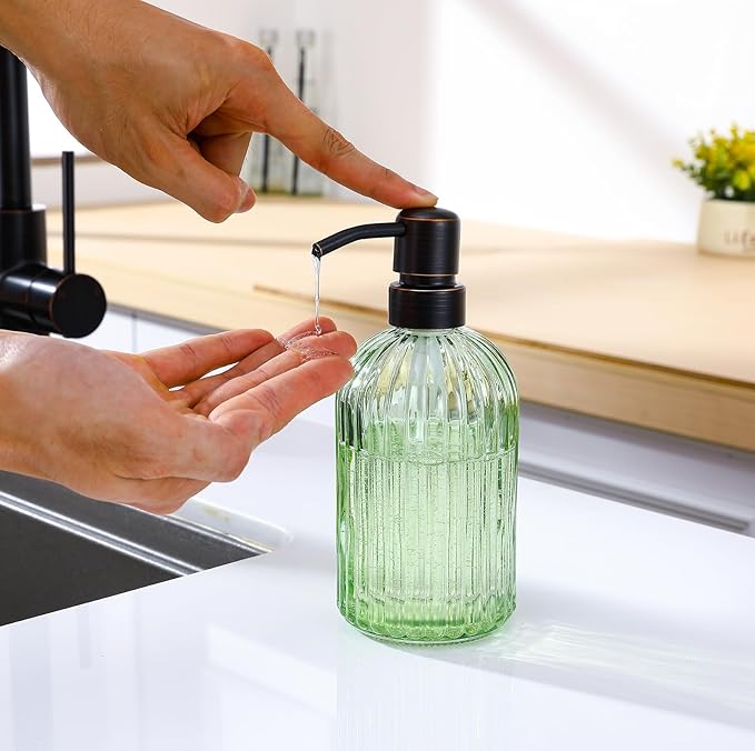 16Oz Green Glass Soap Dispenser with Rust Proof Bronze Stainless Steel Pump, Green Countertop Refillable Liquid Lotion Dispensers with Stainless Steel Pump, Oil Rubbed Bronze Soap Dispenser