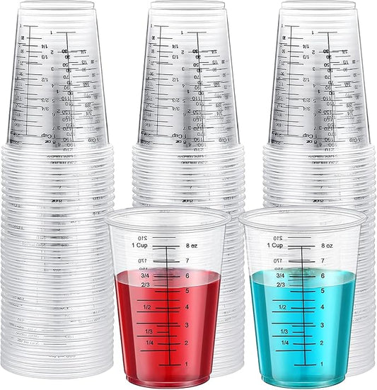 Taeku Measuring Cups Plastic, 8 oz Disposable Clear Epoxy Cups for Resin Reusable Multipurpose Stain Paint Liquid Mixing Cups for Cooking Baking (Pack of 50)