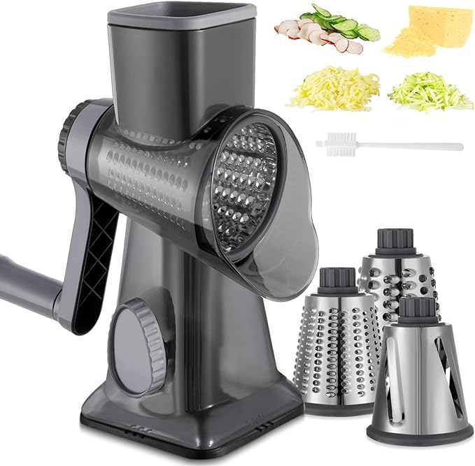 Cheese Grater Hand Crank Rotary Vegetables Shredder with Handle, 3-in-1 Graters with Interchangeable Blades and Non-slip Base Multifunctional Slicer for Kitchen by EDEFISY