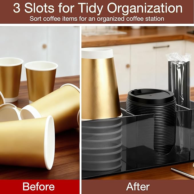 Acrylic Coffee Cup Holder for Countertop Breakroom, 3 Slots Acrylic Coffee Bar Accessories and Organizer+4 Anti Slip Silicone Pads, Clear Coffee Station Organizer for Cup Lid Straw, Grey