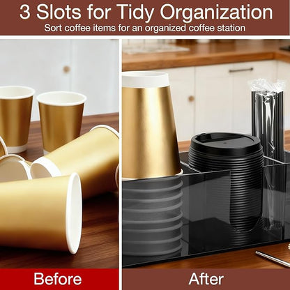 Acrylic Coffee Cup Holder for Countertop Breakroom, 3 Slots Acrylic Coffee Bar Accessories and Organizer+4 Anti Slip Silicone Pads, Clear Coffee Station Organizer for Cup Lid Straw, Grey