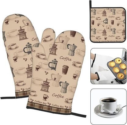 Vintage Coffee Themed Oven Mitts Heat Resistant,Vintage Pot Holder and Oven Mitts Set of 3 for Baking Cooking Grilling BBQ,Housewarming Gifts & Baking Gifts for Women Coffee Lover