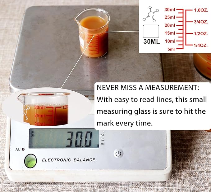 High Borosilicate Glass Measuring Cup-V-Shaped Spout，Glass Measuring Beaker for Kitchen or Restaurant, Easy to Read, 30 ML (1 Oz)-Pack of 2 - Image 3