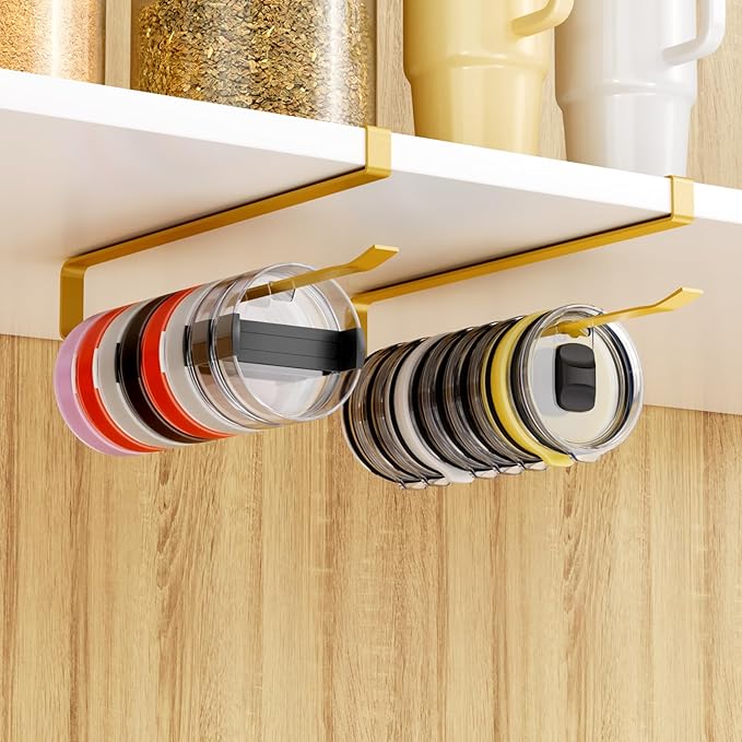 2 PCS Tumbler Lid Organizers, Ample Lid Capacity Up to 30 Lids, No Adhesive No Drill Yeti Lid Organizer Holder Inside Cabinet, Space-Saving Stanley Tumbler Cup Lid Holder Organizer for Kitchen (Gold) by QUEHUN