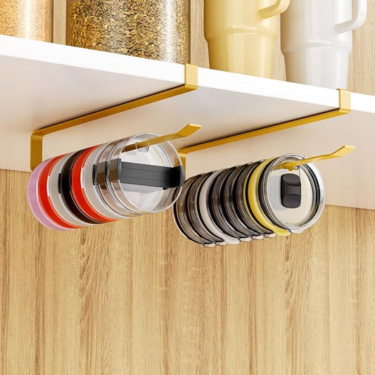 2 PCS Tumbler Lid Organizers, Ample Lid Capacity Up to 30 Lids, No Adhesive No Drill Yeti Lid Organizer Holder Inside Cabinet, Space-Saving Stanley Tumbler Cup Lid Holder Organizer for Kitchen (Gold) by QUEHUN