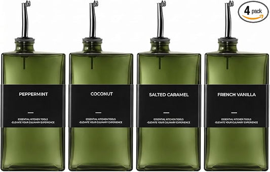 WISIMMALL Olive Oil Dispenser Bottle For Kitchen, 17OZ UV-Blocking Oil And Vinegar Dispenser Set Of 4, Soy Sauce Cooking Oil Dispenser with 4 Stainless Steel Pourers & 44 Labels by WISIMMALL