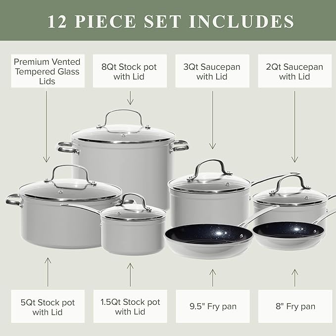 Nuwave Healthy Duralon Blue Ceramic Nonstick Cookware Set, Diamond Infused Scratch-Resistant, PFAS Free, Dishwasher & Oven Safe, Induction Ready & Evenly Heats, Tempered Glass Lids & Stay-Cool Handles - Image 7