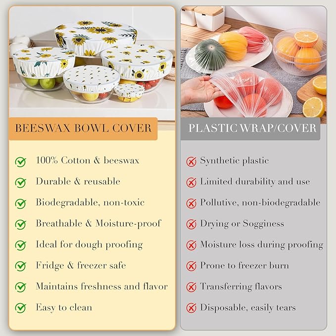 Tirphy 5-Size Reusable Bowl Covers for Bread Proofing - Beeswax Bowl Covers Reusable 4/6/8/10/12 Inch - Elastic Cotton Cloth Sourdough Cover - Shower Caps for Sourdough Bread (Flower style)