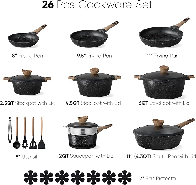 CAROTE 26PCS Pots and Pans Set Non Stick, Cookware Set Pots and Pans Induction Cook Ware, Nonstick Kitchen Cooking, PFOA Free, Black - Image 2
