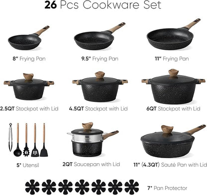 CAROTE 26PCS Pots and Pans Set Non Stick, Cookware Set Pots and Pans Induction Cook Ware, Nonstick Kitchen Cooking, PFOA Free, Black - Image 2