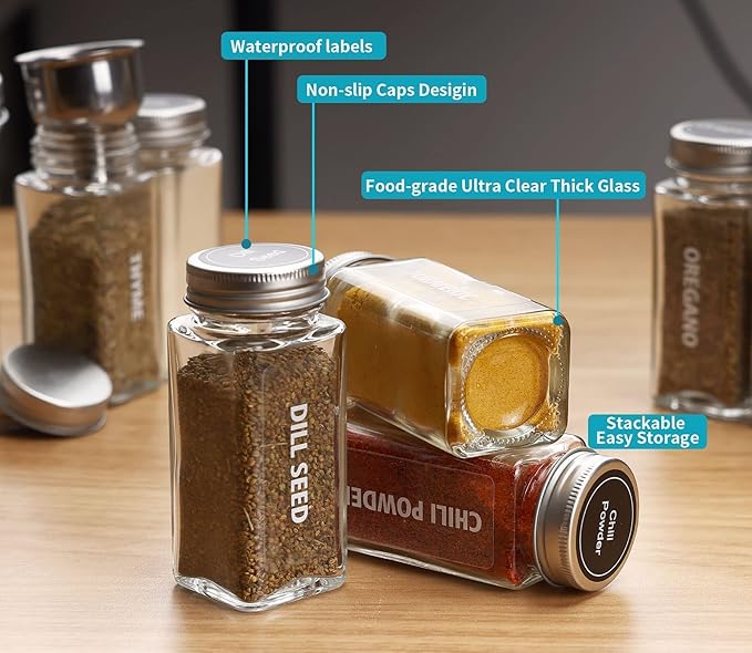 Antimbee 28 Pcs Clear Glass Spice Jars,3.5 oz Glass spice jar with 324 labels, Funnel,Chalk Pen,Shaker Lids and Airtight Metal Caps, Empty Square Spice Bottles for Spice Rack, Cabinet, Drawer - Image 5