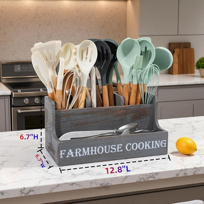 LIBODOUR Utensil Holder,Utensil Holder Kitchen for Counter,Cooking Spatula Organizer With 4 Compartments,Farmhouse Wooden Storage Rustic Flatware Spoon Tool Organizer(Grey Grain)