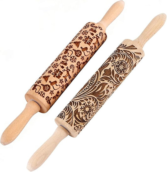 Wooden Embossed Rolling Pin for Baking & Crafts-Easy to Clean, Lightweight Design for Cookie Dough, Pie Crust & Pastry- Deep Engraved Pattern Roller Also Perfect for Clay- Essential Kitchen & DIY Tool