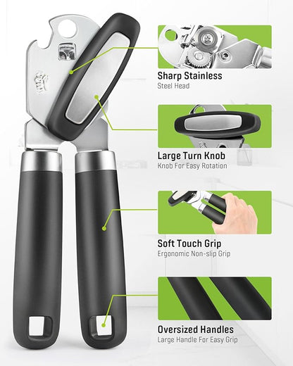 Multifunctional Can Opener Manual, Durable Heavy Duty Handheld Strong Can Opener with Smooth Cutting Edge, Friendly Kitchen Essentials Tool for Seniors, Camping and Bottle Opening-Black - Image 4