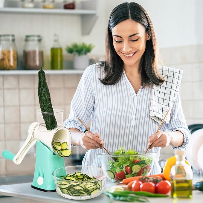 X Home 5-in-1 Rotary Cheese Grater for Kitchen, Upgraded Hand Crank Shredder with Stronger Suction Base & Multifunctional Drum Blades, for Cheese, Vegetables and Nuts, Easy to Use and Clean, Blue - Image 7
