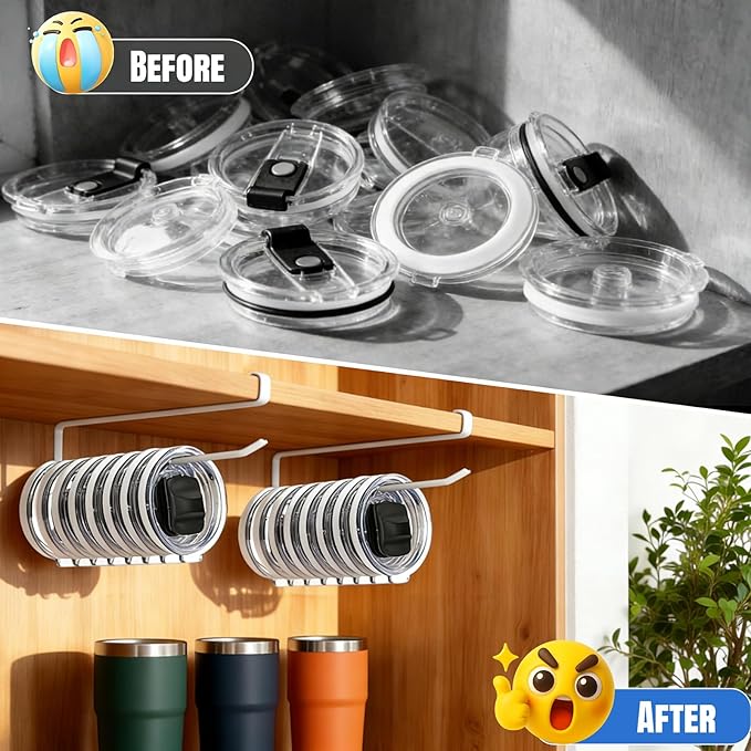 1 Pack Tumbler Lid Organizer, Versatile Cup & Water Bottle Lid Holder, Upgraded Kitchen Space Saver & Under Cabinet Storage, No Adhesive or Drilling Needed, Multi-Use Tumbler Lid Holder, White - Image 6