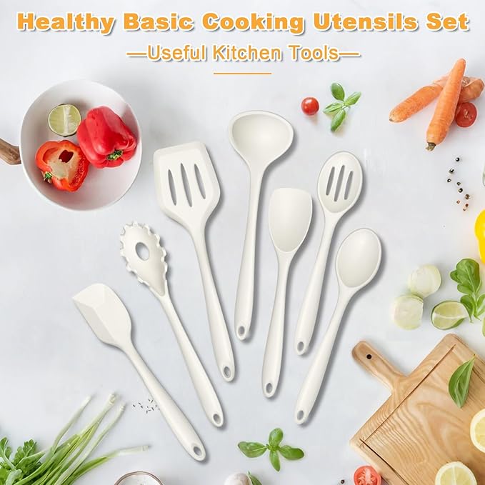 TeamFar Silicone Cooking Utensils Set, 7-Piece Heat Proof Kitchen Utensils Set, Kitchen Tools Spatula Turner Ladle Spoon Pasta Fork for Nonstick Cookware, Non-Toxic & Dishwasher Safe, White - Image 7