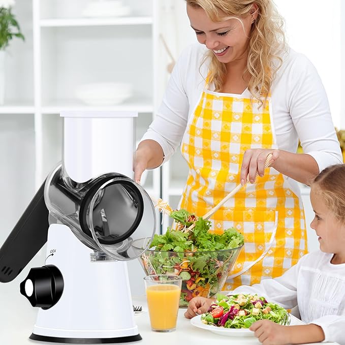 Ourokhome Rotary Cheese Grater Hand Crank, Kitchen Shredder Speed Mandolin Slicer Nuts Grinder with Handle and Drum Blades for Cheese, Vegetable, Walnuts, Chocolate, Potato, 3 Blades, White Black - Image 6