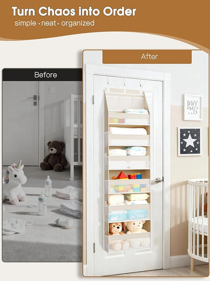 Criusia Over the Door Organizer, 6-Shelf Closet Hanging Storage with 13 Mesh Pockets, 55lbs Capacity Behind the Door Storage for Baby Nursery, Bathroom, Bedroom, and Dorm, Beige - Image 8