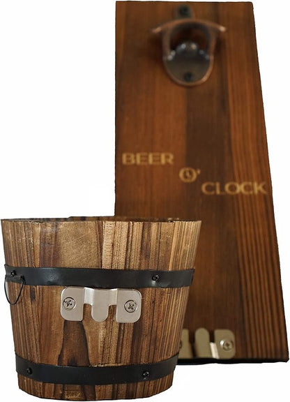 “Beer O’ Clock” Rustic Wall Mounted Bottle Opener and Catcher - Dark Stain Pine with Zinc Alloy Opener - Removable Wooden Bucket - Man (or Woman) Cave Ready - Image 3