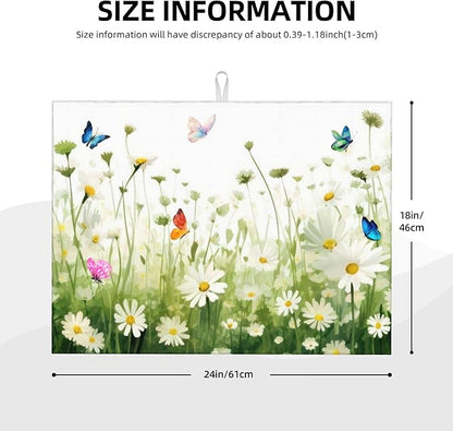 Vintage Watercolor Daisy Butterfly Dish Drying Mat for Kitchen Counter, 18"x24" Microfiber Absorbent Fast Dry Mat, 2Pcs Dish Mat Faucet Mats Sets, Large Drying Kitchen Mat Kitchen Drying Pad