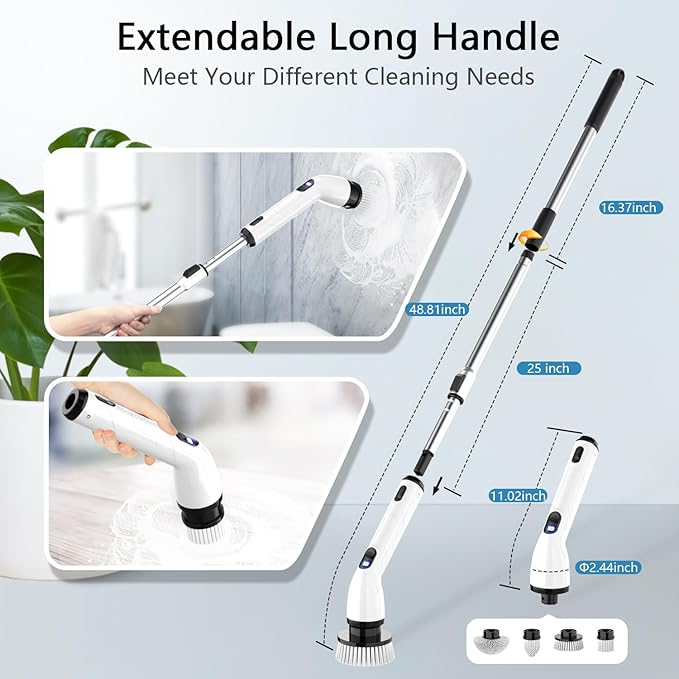 TUYU Electric Spin Scrubber, Full-Body IPX7 Waterproof Bathroom Scrubber with Power LCD Display, 8 Replacement Head, Adjustable Extension Handle, Cordless Shower Cleaner Brush for Bathtub Cleaning - Image 4