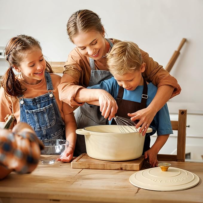 Overmont Enameled Cast Iron Dutch Oven - 4.5QT Pot with Lid Cookbook & Cotton Potholders - Heavy-Duty Cookware for Braising, Stews, Roasting, Sourdough Baking Cream White - Image 8