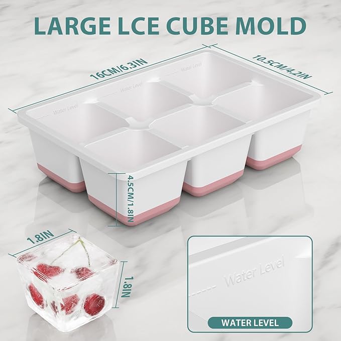 Optish Large Ice Cube Molds, 3 Pack Whiskey Square Ice Molds, 1.8 Inch Big Ice Cube Tray, Stackable Cocktail Ice Tray with Lid, Easy to Release (Pink) - Image 2
