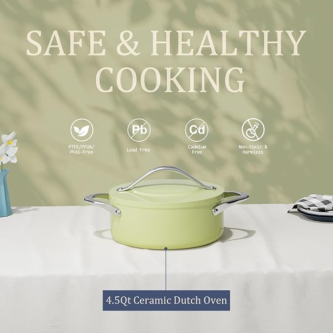 CookinCraze 4.5qt Ceramic Dutch Oven Pot with Lid (9.5"x 4") Nonstick Ceramic Coated Low Stock Pot, PFAS-Free, Lightweight, Non stick for Braising, Baking Bread & Soups, Compatible for All Cooktops(Induction/Gas/Electric) Oven Safe to 500°F, Olive Green