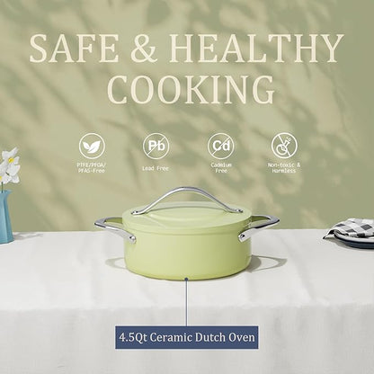CookinCraze 4.5qt Ceramic Dutch Oven Pot with Lid (9.5"x 4") Nonstick Ceramic Coated Low Stock Pot, PFAS-Free, Lightweight, Non stick for Braising, Baking Bread & Soups, Compatible for All Cooktops(Induction/Gas/Electric) Oven Safe to 500°F, Olive Green