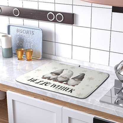 Winter Gnome Dish Drying Mat for Kitchen Counter 16x18 Christmas Snowflakes Santa Kitchen Drying Mat Hello Winter Dish Drainer Mat Super Absorbent Dish Rack Mat for Coffee Bar Countertop - Image 5