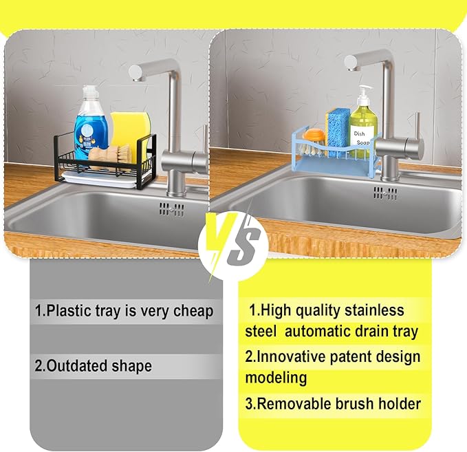 Maifan Stainless Steel Kitchen Sink Caddy Organizer with Auto Drain Tray, Sponge Holder for Countertop Storage - Image 4