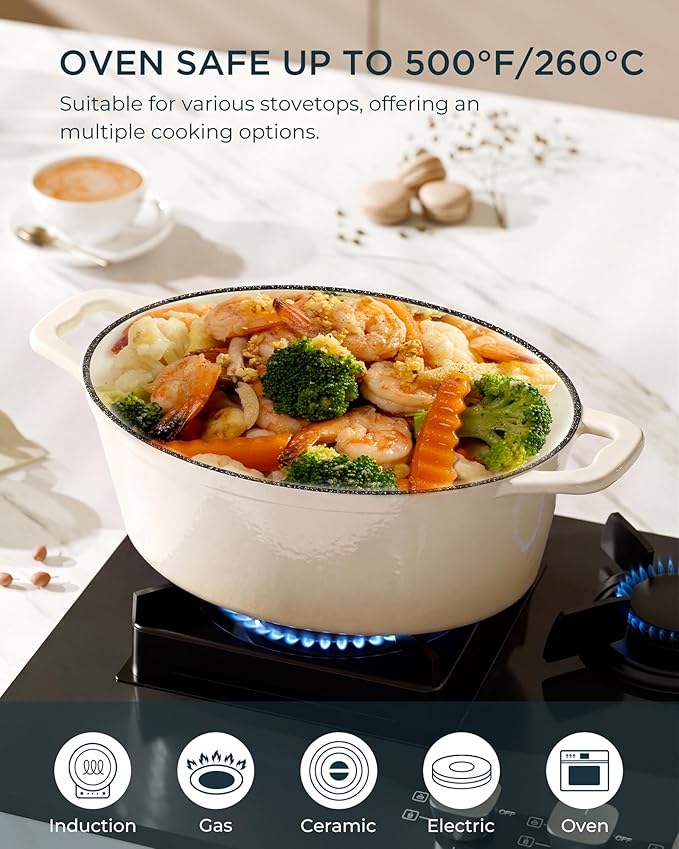 Enameled Cast Iron Dutch Oven - 9.3QT Dutch Oven Pot with Lid & Cotton Potholders - Heavy-Duty Non Stick Casserole Pot for Braising, Stews, Roasting, Baking, Suitable for All Stovetops, Cream White - Image 6