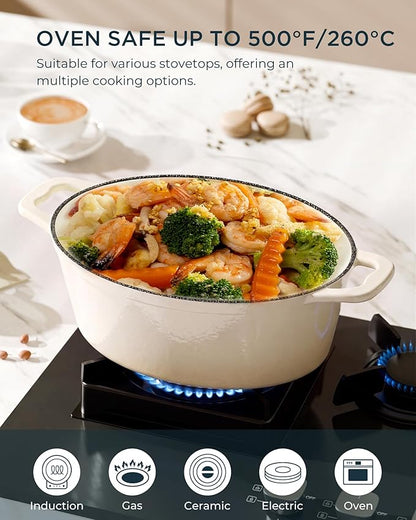 Enameled Cast Iron Dutch Oven - 9.3QT Dutch Oven Pot with Lid & Cotton Potholders - Heavy-Duty Non Stick Casserole Pot for Braising, Stews, Roasting, Baking, Suitable for All Stovetops, Cream White - Image 6