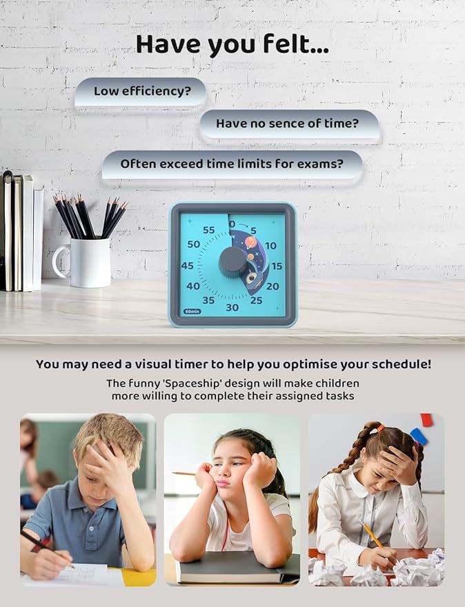 LIORQUE 60 Minute Visual Timer for Kids, Visual Countdown Timer for Classroom Office Kitchen with 'Space Ship' Pattern Design, Pomodoro Timer with Silent Operation (Batteries Included) - Image 3