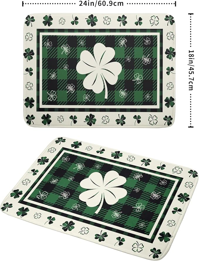 Giwawa Patrick Clovers Dish Drying Mat 18"x24" Lucky Shamrock Spring Leaf Dish Drainer Mats Green Black Buffalo Plaids Absorbent Microfiber Dish Drying Pad for Kitchen Countertop Large Decor