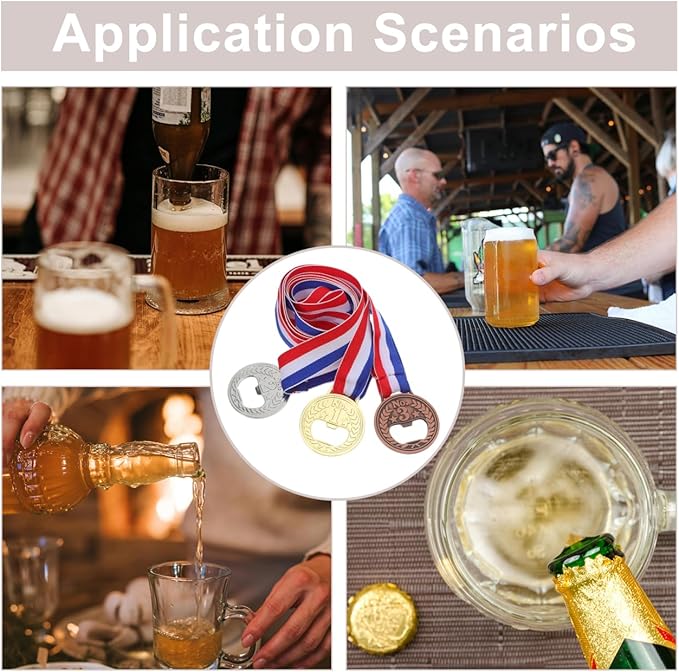 Cabilock 3pcs Bottle Opener, Medal Shaped Beer Opener with Neck Ribbon, Creative Gold Medals Jar Beer Lid Remover Wine Accessories for Bar Kitchen Party Competitions