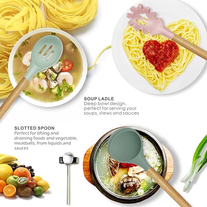 Silicone Cooking Utensils Set - 446°F Heat Resistant Silicone Kitchen Utensils for Cooking,Kitchen Utensil Spatula Set w Wooden Handles and Holder, BPA FREE Gadgets for Non-Stick Cookware (Colorful) - Image 2