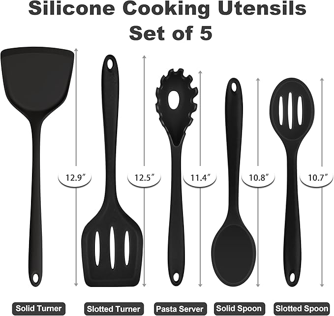 TeamFar Silicone Cooking Utensils Set, 5-Piece Heat Resistant Kitchen Utensils Set, Nonstick Slotted Solid Spoon Turner Pasta Server for Frying, Serving, Mixing, Non-Toxic & Dishwasher Safe, Black - Image 2