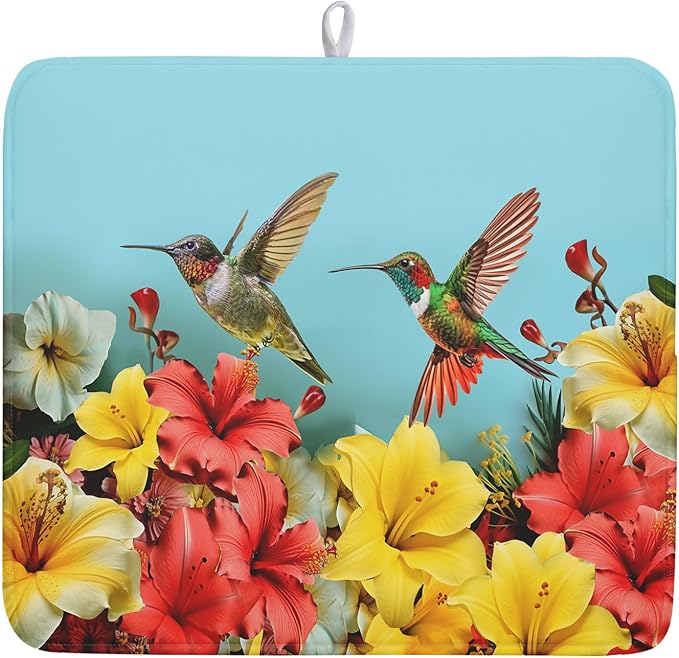 Kawani Spring Summer Hummingbirds Floral Dish Drying Mat for Kitchen Counter 16x18 In Spring Hibiscus Tropical Drying Mat Fast Dry Absorbent Microfiber Dish Drainer Rack Pad for Countertop Decor