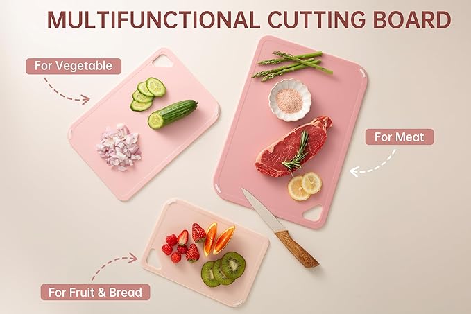 THETCHRY Plastic Cutting Board Set, Pink Cutting Board with Non-slip, Cutting Board for Kitchen Set of 3, Dishwasher Safe, BPA Free, Reversible, with Grip Handle, Pink - Image 6