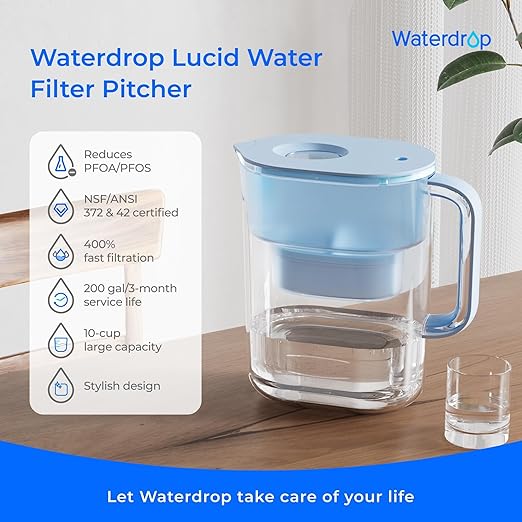 Waterdrop PT-07B Water Filter Pitcher with 3 Filters, 10-Cup, NSF Certified, 600-Gallon Long-Life, Improved Coffee & Tea Taste, Reduces PFOA/PFOS, Chlorine, 5X Longer Filter Life, Blue - Image 2