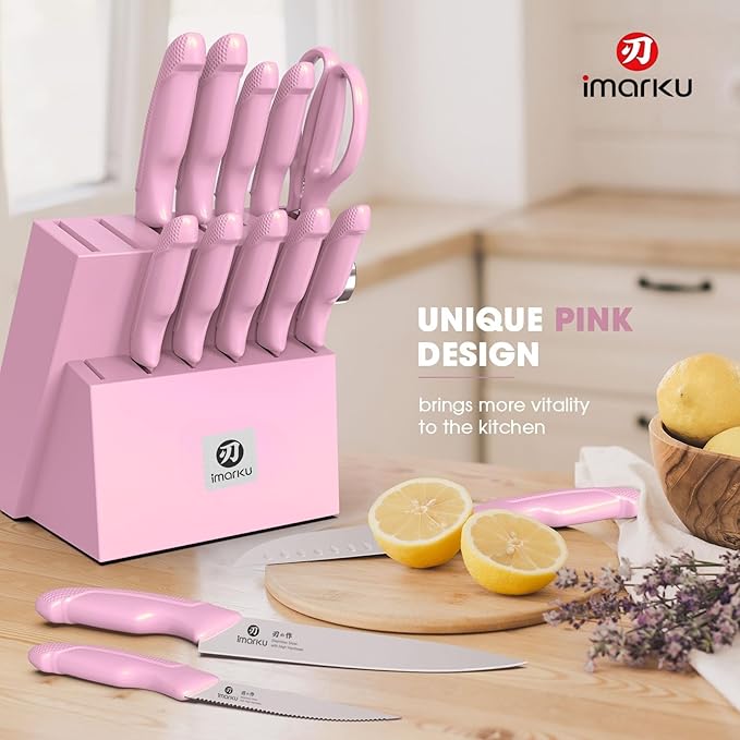 imarku Knife Set with Block, Sharp Knife Set with Built-in Sharpener, Japanese Stainless Steel Kitchen Knife Set with Non-Slip Ergonomic Handle, Dishwasher Safe, Valentine's Day Gifts, 14 PCS, Pink - Image 2