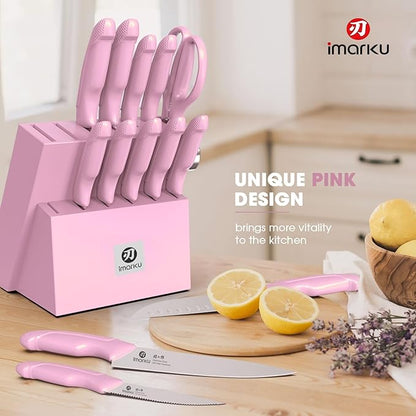 imarku Knife Set with Block, Sharp Knife Set with Built-in Sharpener, Japanese Stainless Steel Kitchen Knife Set with Non-Slip Ergonomic Handle, Dishwasher Safe, Valentine's Day Gifts, 14 PCS, Pink - Image 2